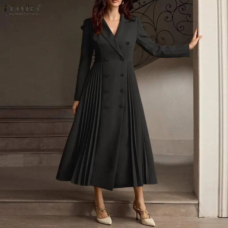 Fashion Summer Autumn Women Dress ZANZEA Thin Pleated Dresses A-line Turn-down Collar Long Sleeve Sundress Vestidos OL Work 3XL