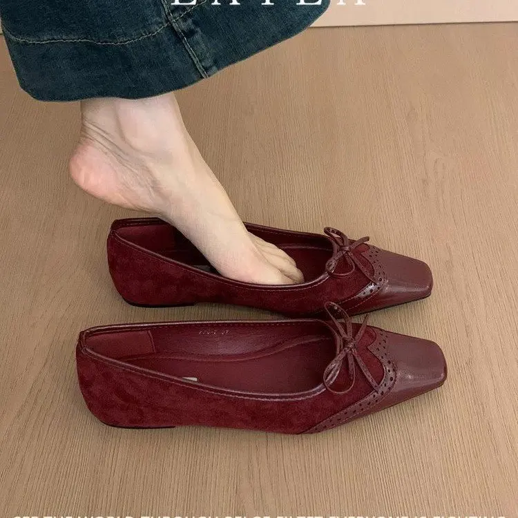 Women's Square Toe Bowknot Loafers Flat Shoes French Style Soft Sole Shallow Slip-Ons for Casual Office Comfortable Driving Shoe