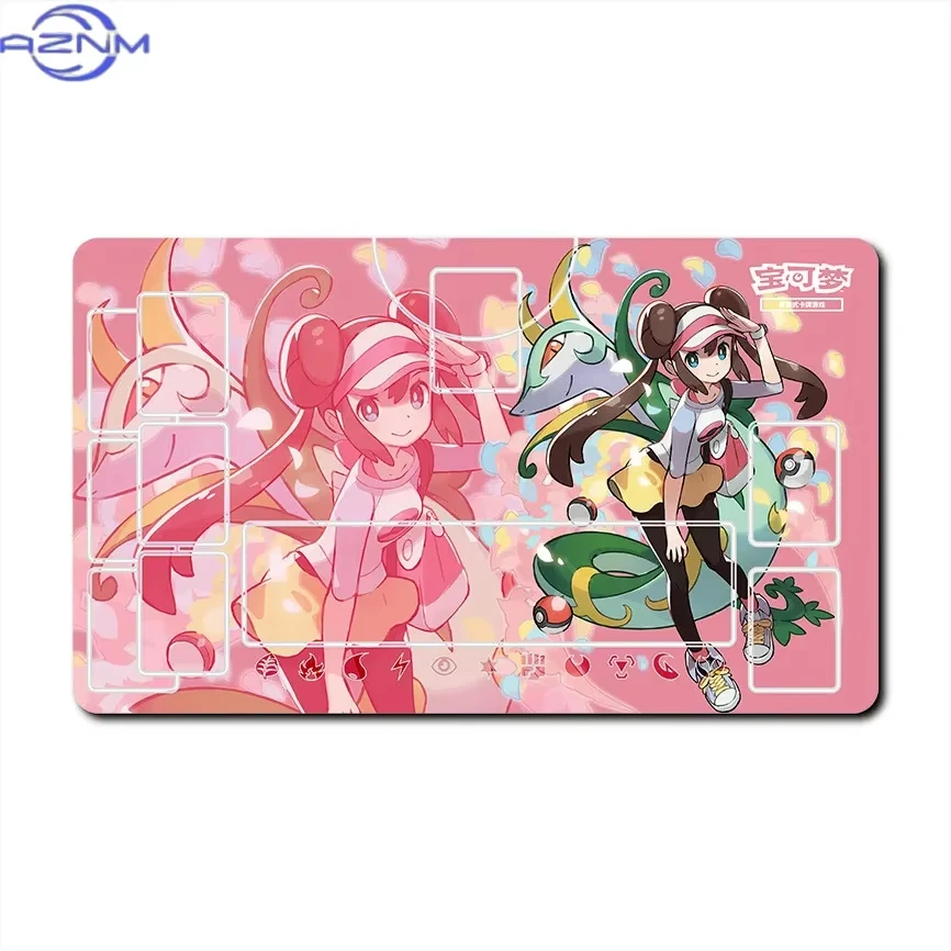 Anime Pokemon Trainer Rosa Trading Card Game Playmat, Marked Game Zones, Non Slip Mousepad for TCG Card Table Battles