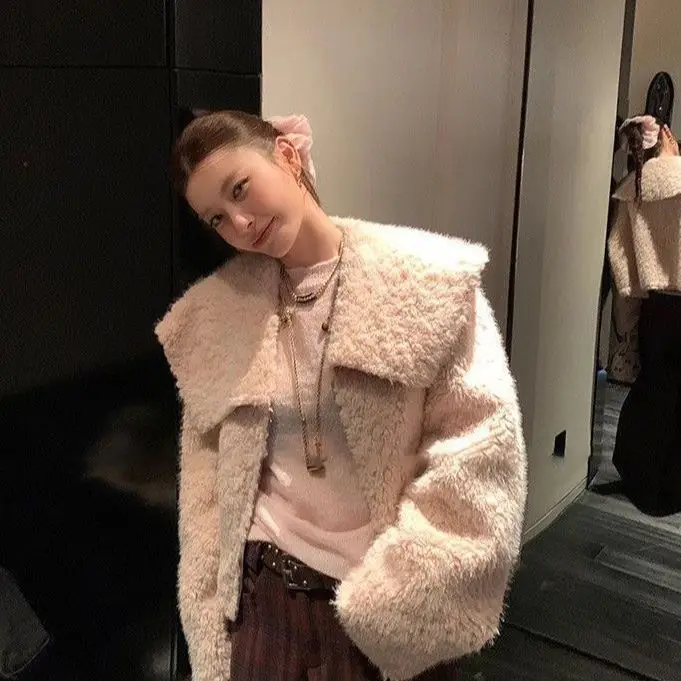 Navy Collar Smog Pink Faux Shearling Jacket for Women 2026 Loose Eco-Friendly Fur Plush Top