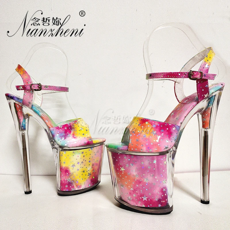 

Женские туфли для танцев на пилоне на высоком каблуке 8 дюймов, платформенные сандалии с неглубоким ремешком на пряжке, с градиентным цветовым дизайном для сексуальных ночных клубов