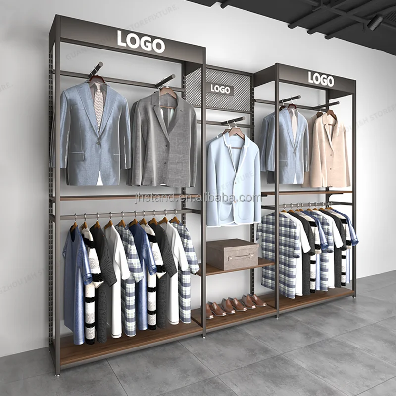 customized.adjustable height showroom display rack man wood retail clothing store fixtures sport store interior design With