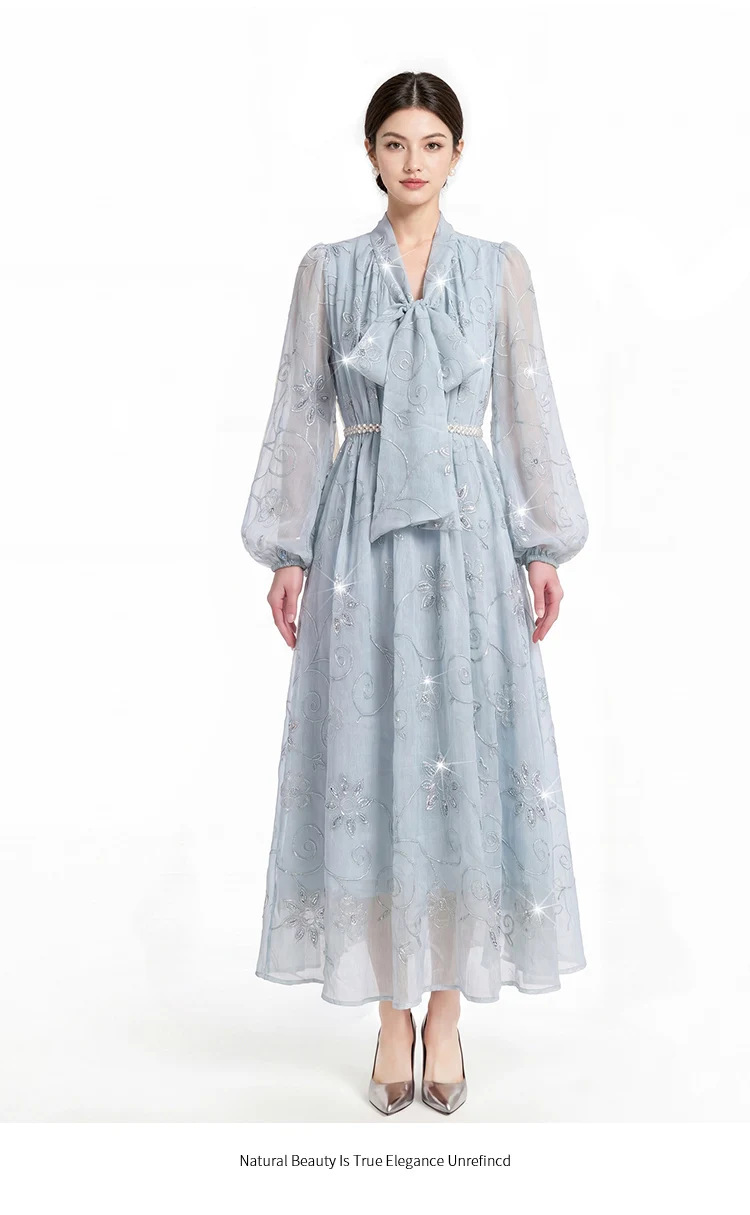 Vestido Maxi Boho Chic con Bordado para Mujer, Manga Farol, Cuello con Lazo, Adorno de Perlas, Falda Fluida, Elegante Vestido de Noche para Invitadas de Boda