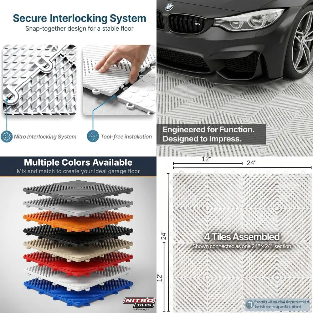 

Плитка для пола гаража 12x12 дюймов, соединяющаяся между собой, вентилируемая, с самоотводом воды, для гаражей, подвалов и влажных помещений, из высокопрочного полипропилена.