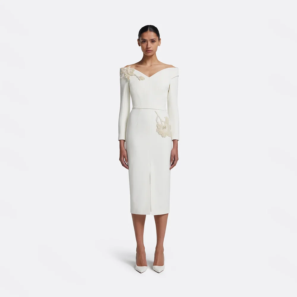 

Элегантные платья до колен с открытыми плечами, длинными рукавами, для вечеринок, с жемчугом, регулируемым поясом, выпускные платья, на заказ, 2026