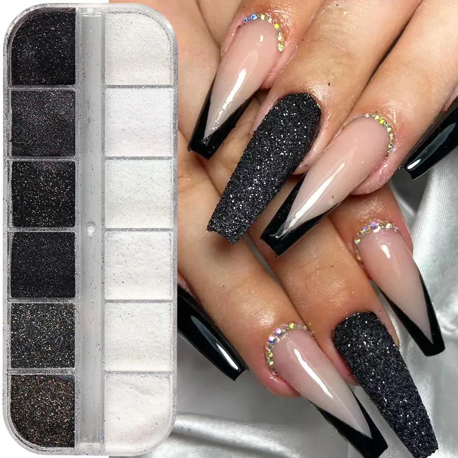 مسحوق لامع للأظافر باللون الأسود والأبيض، تأثير مطلي بالسكر قزحي الألوان، تصميم فرنسي أنيق لحفلات الزفاف، رقائق صبغ الكروم اللامعة #3