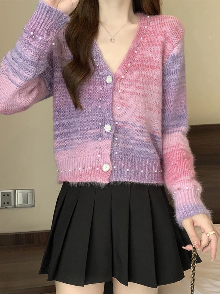 aduated Color V-Ne Knitted Sweater Women's ort Sle Soft Cozy Autumn New Faion Unique Sweet Outerwear Cardigan