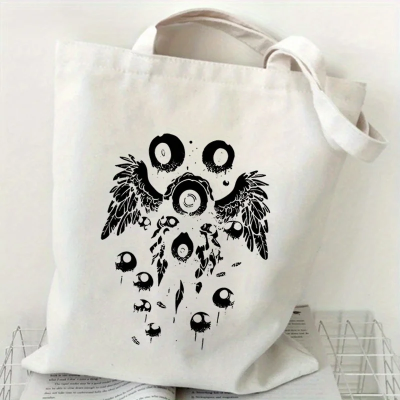 حقيبة كتف قماشية كلاسيكية على شكل قطة مخدر مع تصميم هاراجوكو هيب هوب، سفر مطبوع عليه زهور سوداء، أو استخدام غير رسمي