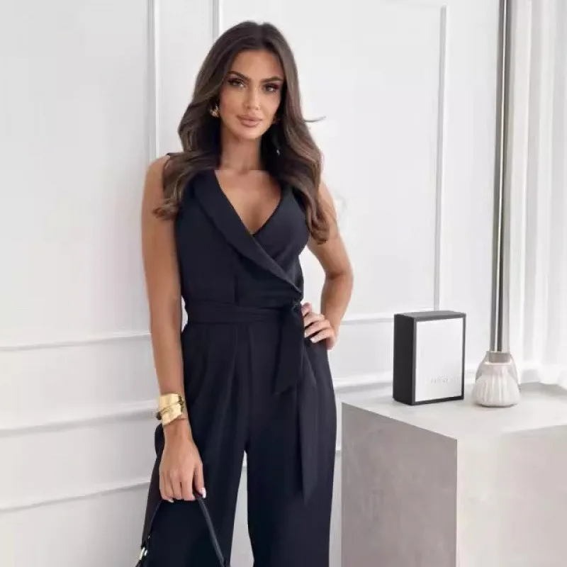

Spring/Autumn Women's Commuter High Waist Strap Jumpsuit with Wide Legs Sleeveless Lapel Casual Vacation Women's Jumpsuit