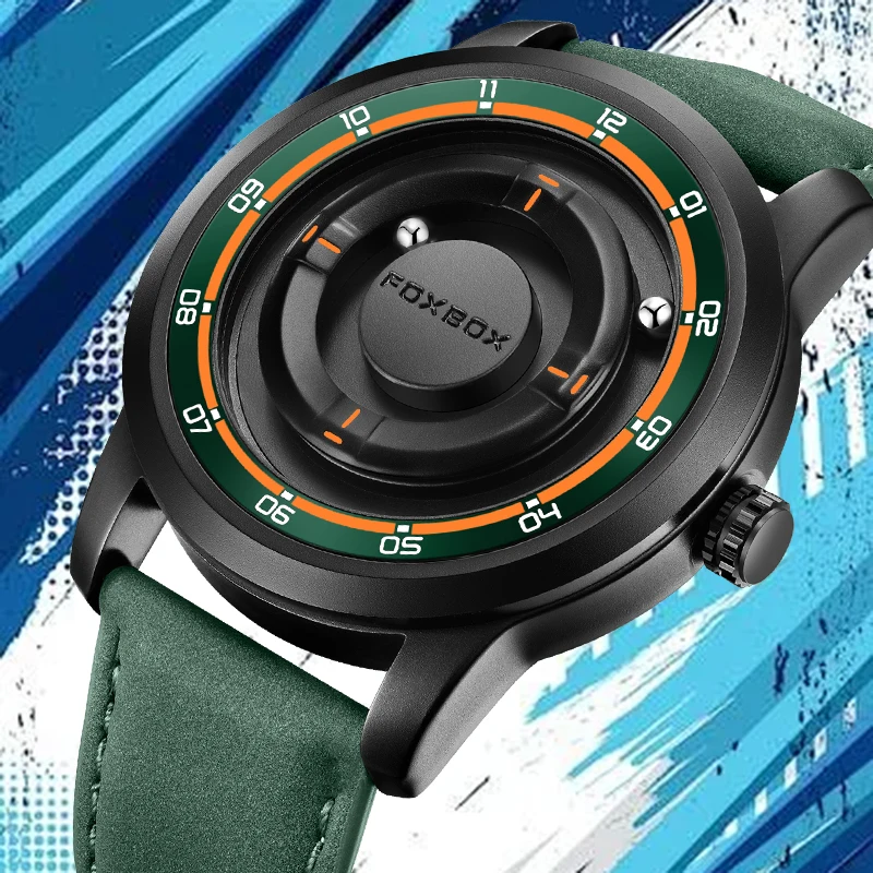 FOXBOX Outdoor Unique Dial Quartz Man Watch Creative Fashion Casual Sports Leather Waterproof Waterproof Wristwatch for Men Gift