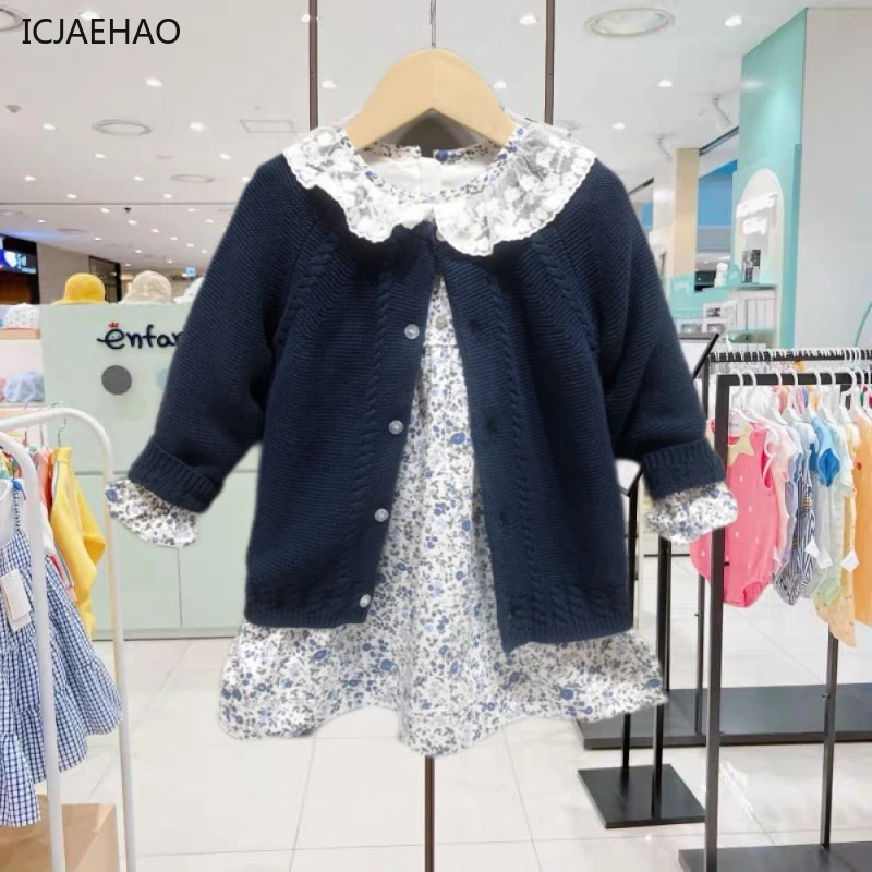 

ICJAEHAO 2024 Girl Cardigan Long Sleeves Versatile Kids Fashion Floral Print Dress Children Solid Color O-Neck Knitted Knitting