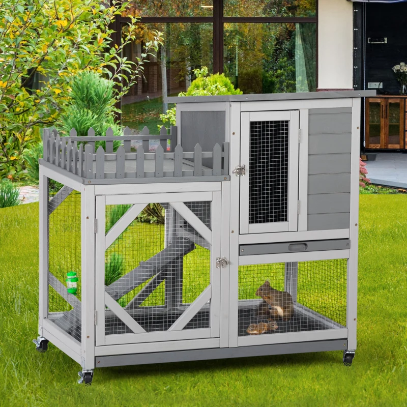 

Large Rabbit Hutch, Wooden Bunny Cage with Casters, Fence, Trays, Water Bottle, Indoor and Outdoor Animal House for Rest and Run