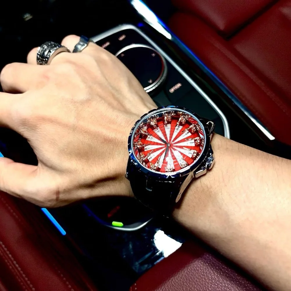 

Twelve Knights of the Round Table High-End Luxury Red Dial Three-Dimensional Figurine Quartz Watch Men's Watch with Leather Strap, Radial Pattern Dial Trendy Design Watch, Niche and Unique Men's Gift Watch