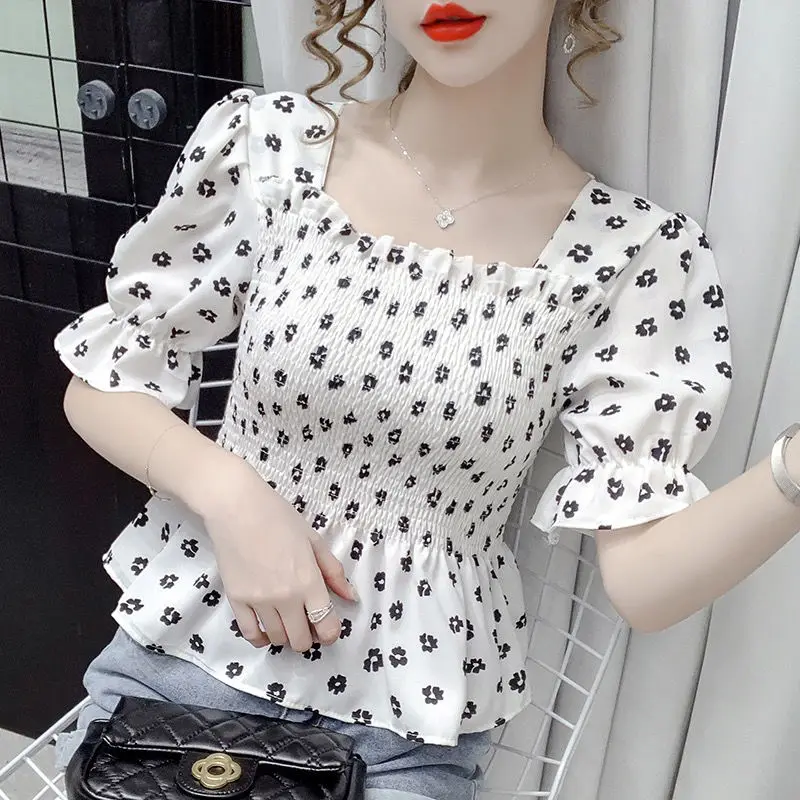 

2025 New French Square Collar Sweet Small Fresh Chiffon Waist-hugging Shirt Women's Design Top