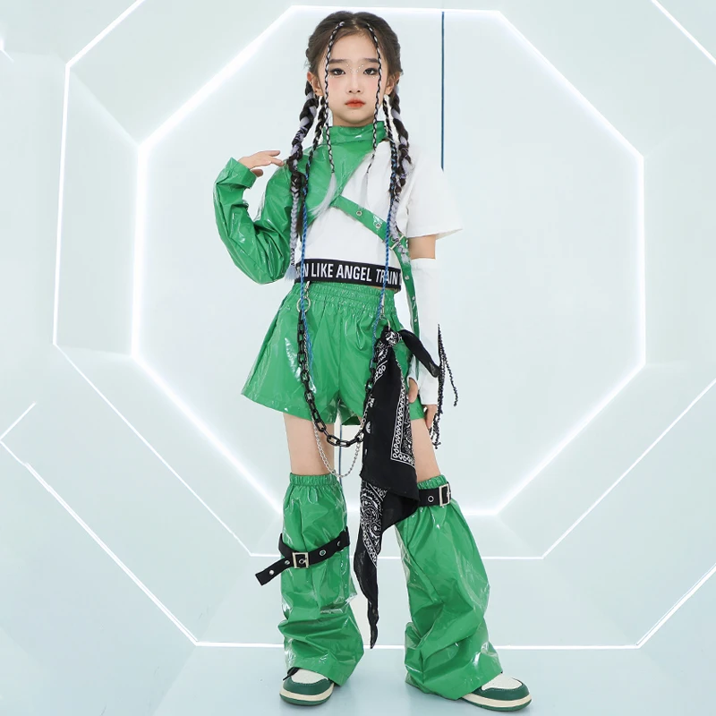 Jazz Dance Costume Girls Hip Hop Outfits Green Sleevs Pants Kids Street Dance Performance Clothes Group Stage Clothing BL14042