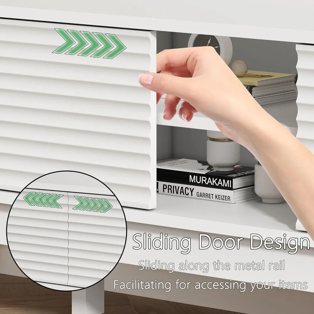 حامل تلفزيون حديث لمنتصف القرن لأجهزة التلفاز مقاس 55-65 بوصة، ومركز ترفيه بأبواب منزلقة، وأرفف، وخزائن، ووحدة تحكم الوسائط #4