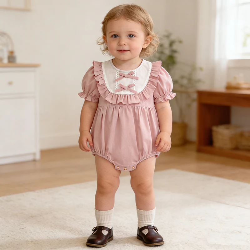 2026 New Summer Toddler Baby Girls Jumpsuit Short Sleeved Cotton Splicing Infant Baby Girls Bodysuits 0-24M Children Clothes