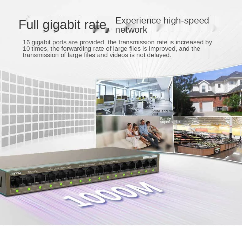 Tenda 16 Port Gigabit Switch 10/100/1000Mbps Desktop Switch Hub Network Full/Half Duplex TEG1016M Vlan Ethernet Switch