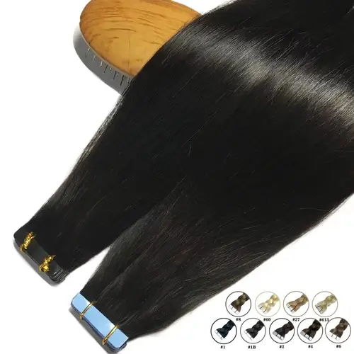 Cinta en 100% cabello humano Remy Real, extensiones rectas de cabello humano brasileño, pegamento adhesivo de trama de piel en calidad de salón para mujer