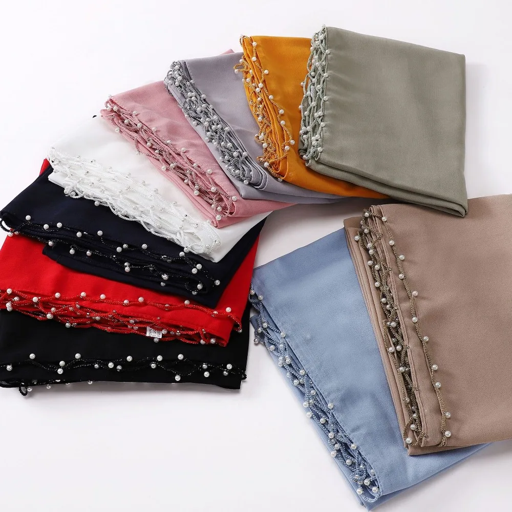 

Fashion ​​Solid Color Women Plain Scarf Wavy Edge ​Pearl & Chain Female Sunscreen Shawl Chiffon ​​Malay Gauze Scarf​​