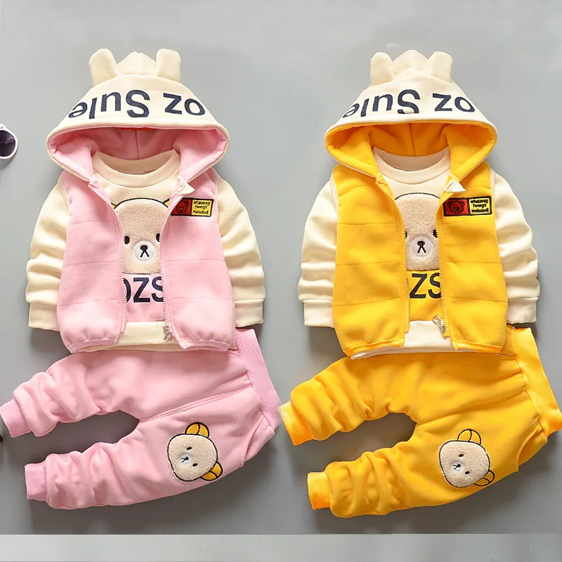 Children's Autumn and Winter Set - Boys and Girls Cartoon Bear Plush Warm Coat+Hooded Tank Top+Pants 3-piece Preschool Set