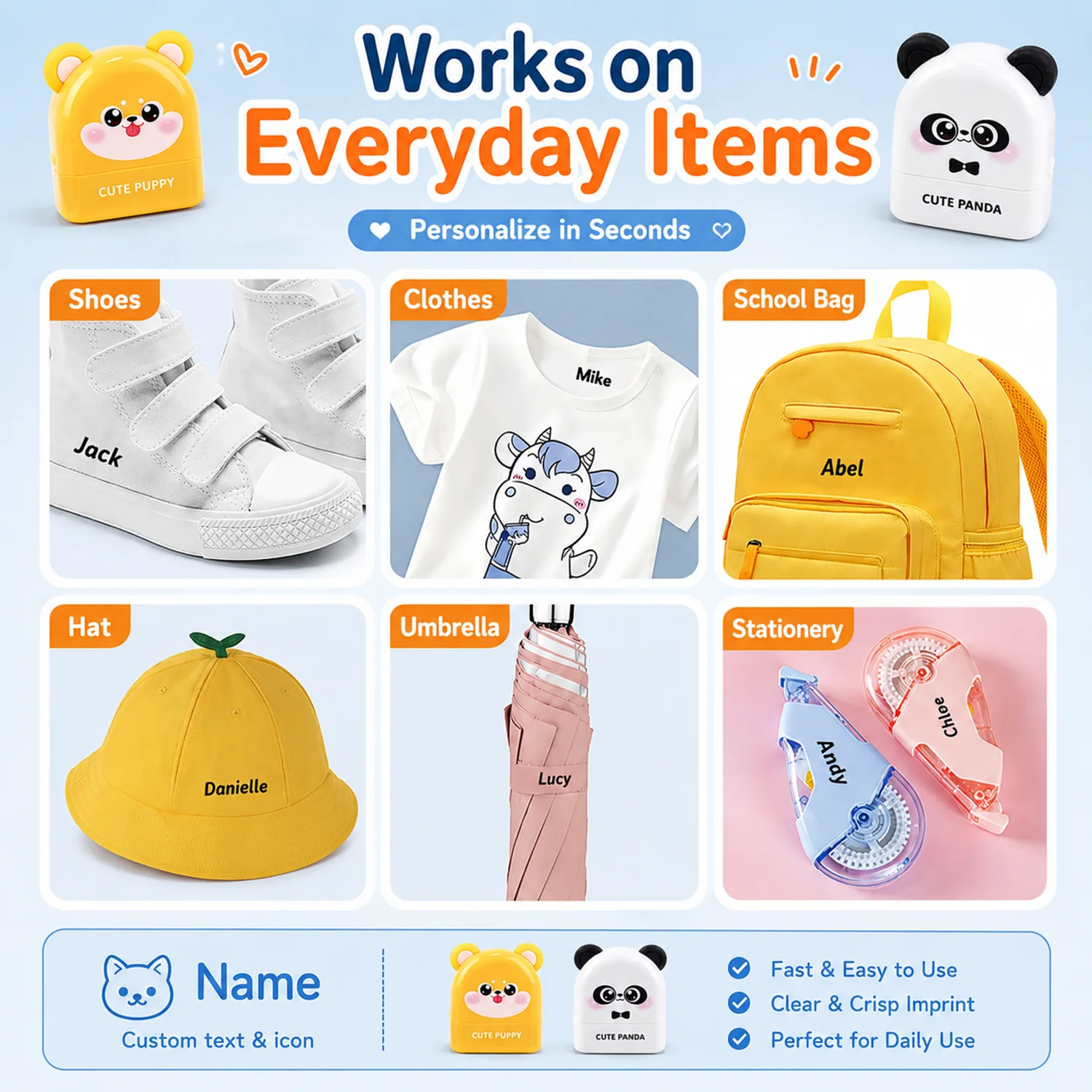 Personalized Cute Name Stamp Waterproof Clothing Label for Kids Self Ink Stamp for Kindergarten School Bags Custom Stamp