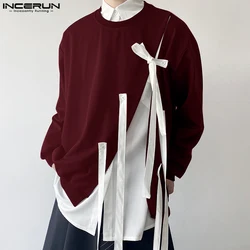 INCERUN Tops 2024 Korean Style Fashion Men O-neck Bow Ribbon Design Sweater Casual Streetwear Solid Long Sleeved Pullovers S-3XL