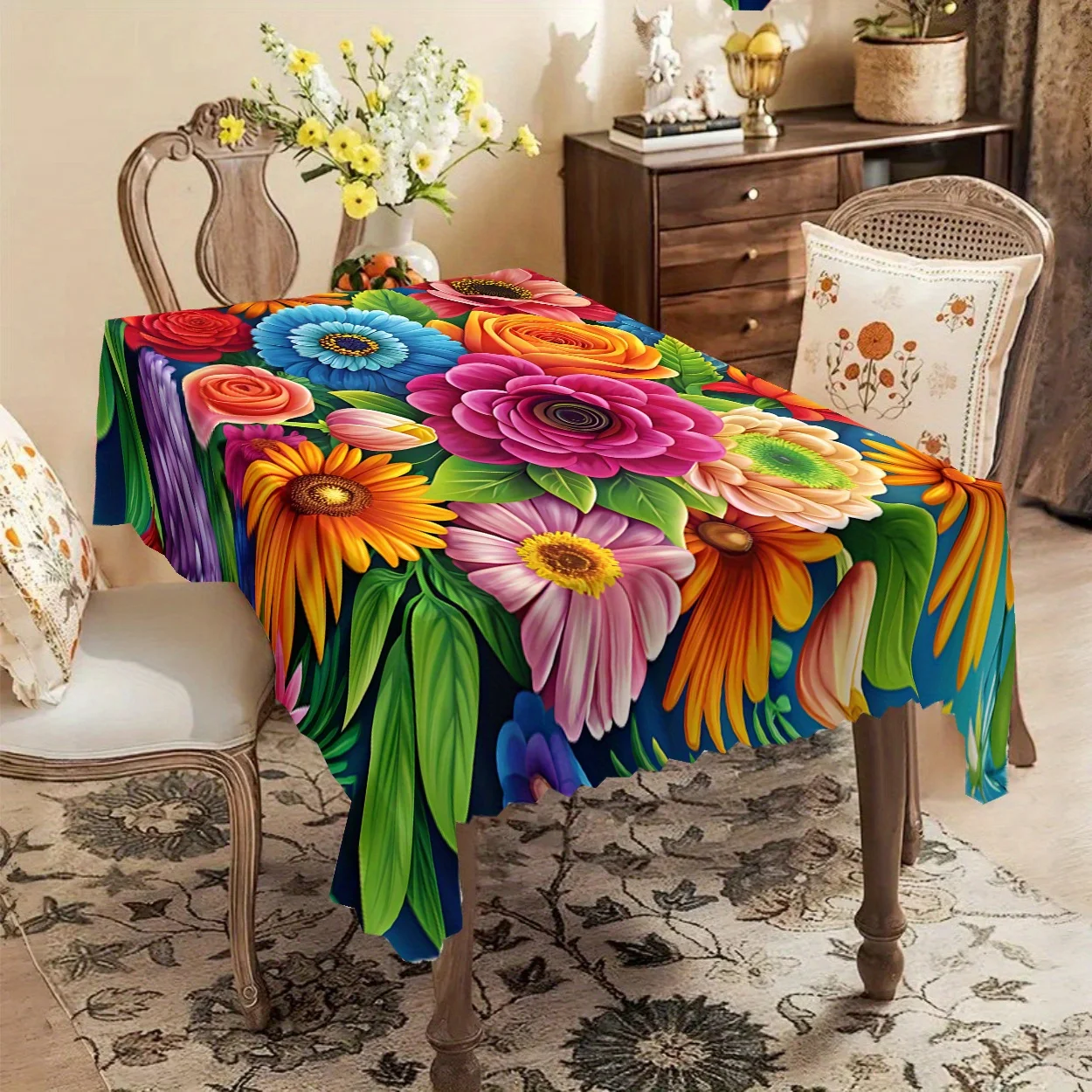 Vibrant Floral Rectangle Tablecloth for Table Decor Boho Watercolor Flowers Print Kitchen Dining Table Cloth Holiday Party Decor