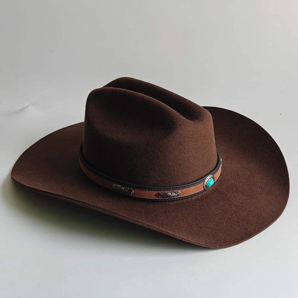 100% Wool Felt Western Cowboy Hat Women Turquoise Leather Band Cowgirl Caps Party Outfit Panama Cap Texas Rodeo Party Sombrero