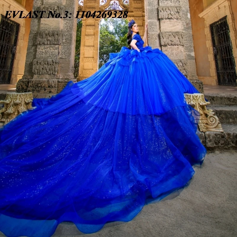 EVLAST Maßgeschneidertes, glänzendes, königsblaues Quinceanera-Kleid, Ballkleid, Applikation, Perlenstickerei, abgestuft, Sweet 16, Vestidos 15 De Anos E3Q859