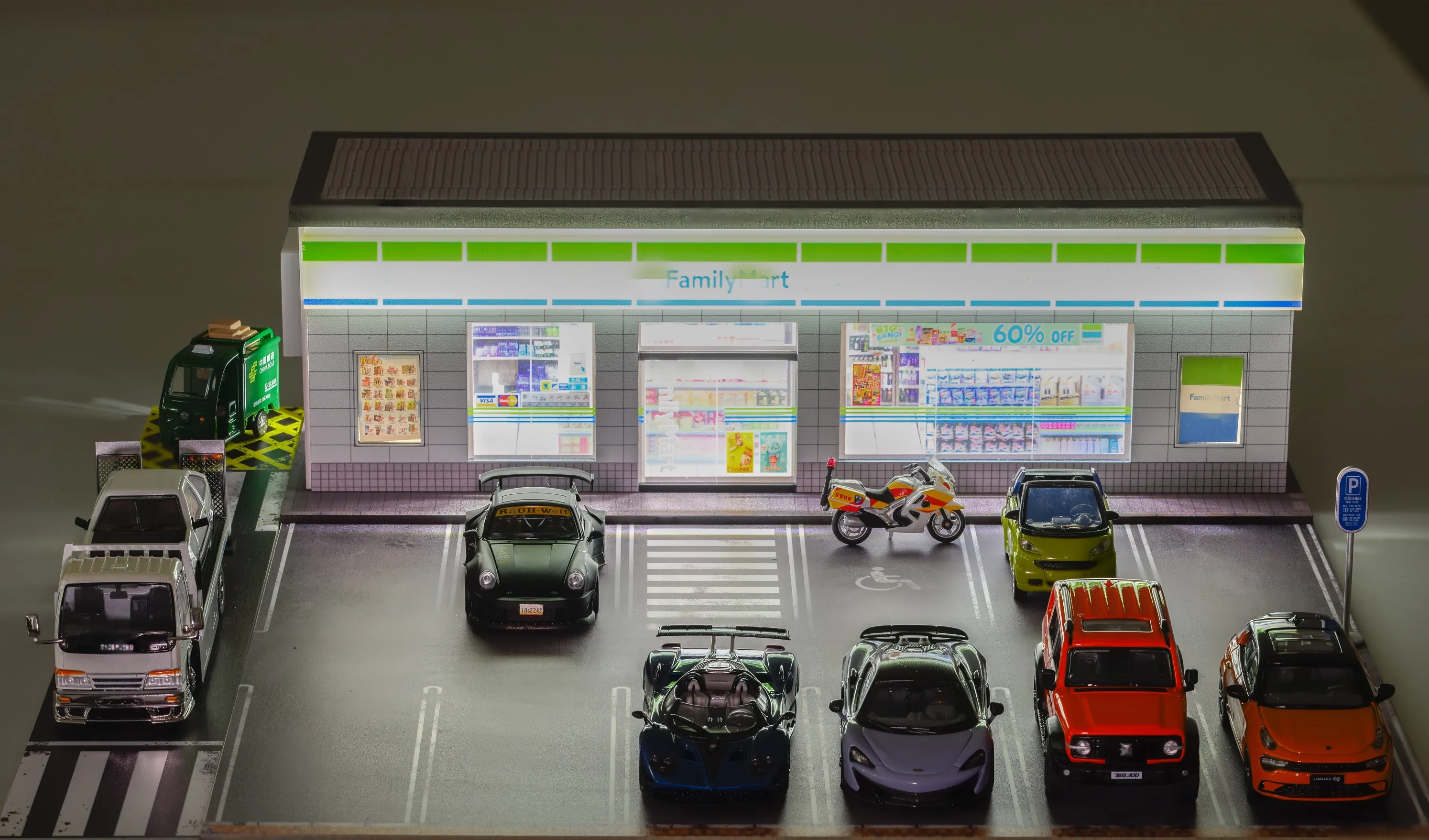 Car Model 1 64 Diorama Garage LED Supermarket Shop with Light Parking Lot Diecast Car Model Display Case for Hot Wheel Man Gift