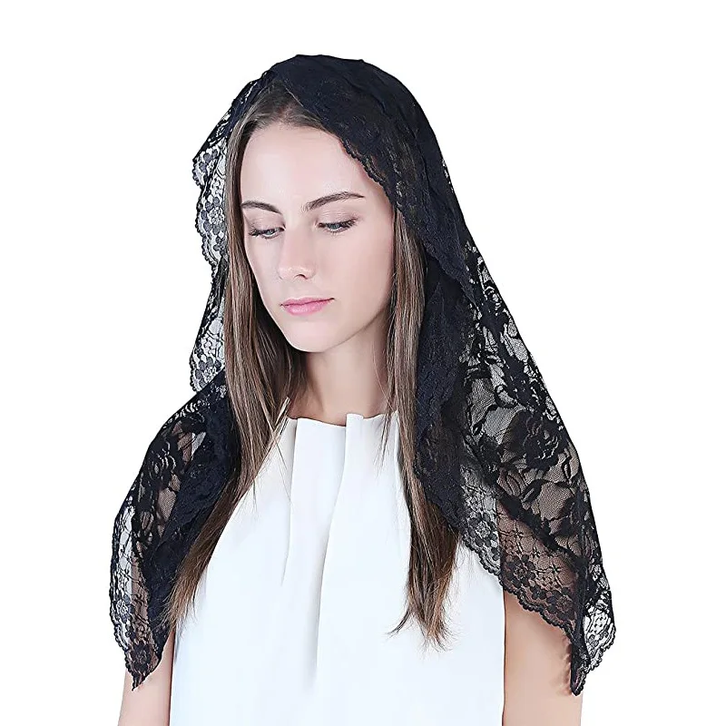 Cobertura de Cabeça Floral Elegante para Mulheres, Véu de Igreja Mantilla, Véus de Massa Latina, Véus Católicos, Véus Nupciais