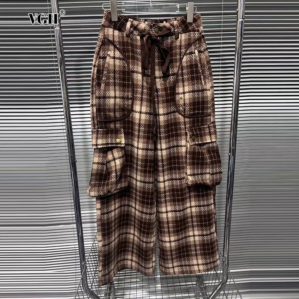 VGH Spliced Plaid Trousers for Women Midi Waist Patchwork Darwstring Multi Pockets Designer Casual Fashion Wide Leg Pants Female