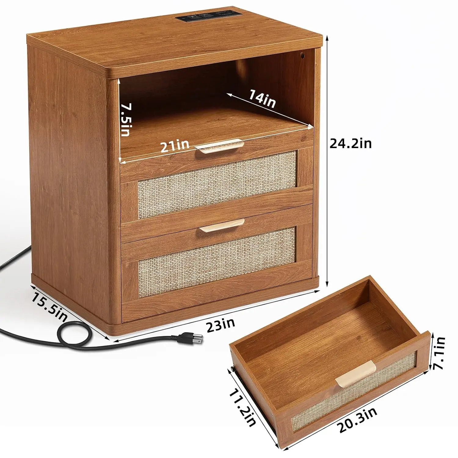 Rattan Nightstand with Charging Station & 2 Drawers Bedside Table Bedroom Furniture 23
