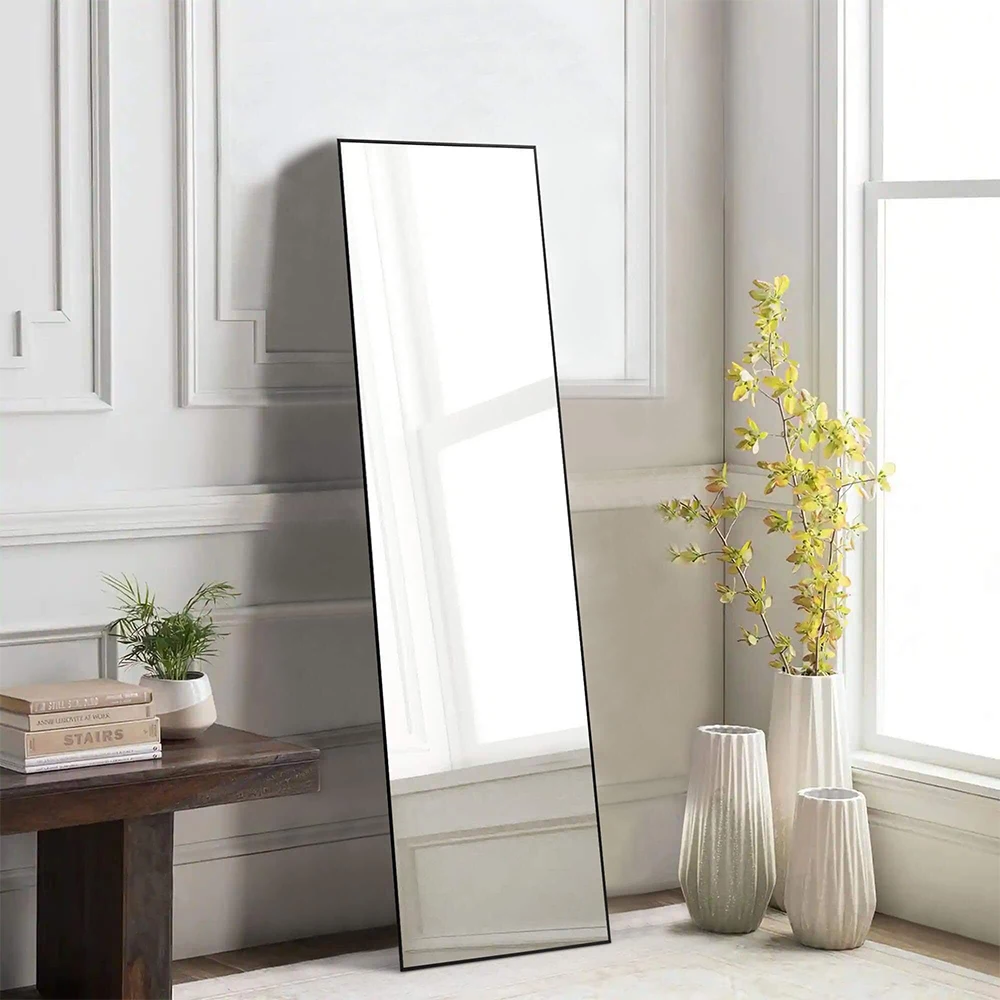 Floor Standing Mirror Wall Mirror with Stand Aluminum Alloy Thin Frame 31''*71'' Black-rect