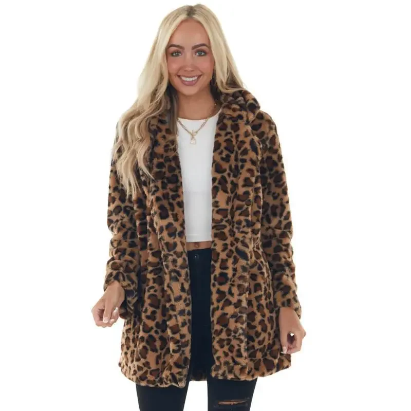 2026 Autumn Winter New,Women's Stylish Fashion Leopard Print Faux Rabbit Fur Coat Commute Versatile Pocket Loose Warm Outerwear