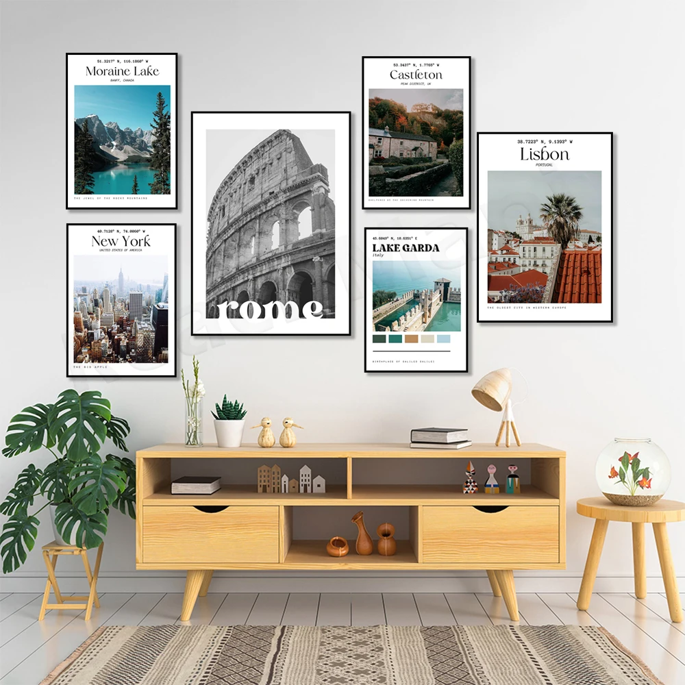 Moraine Lake Alberta Canada, Hope Valley, Machu Picchu Peru, Lisbon, Paris, New York, Scotland, Castleton Lodge Travel Poster