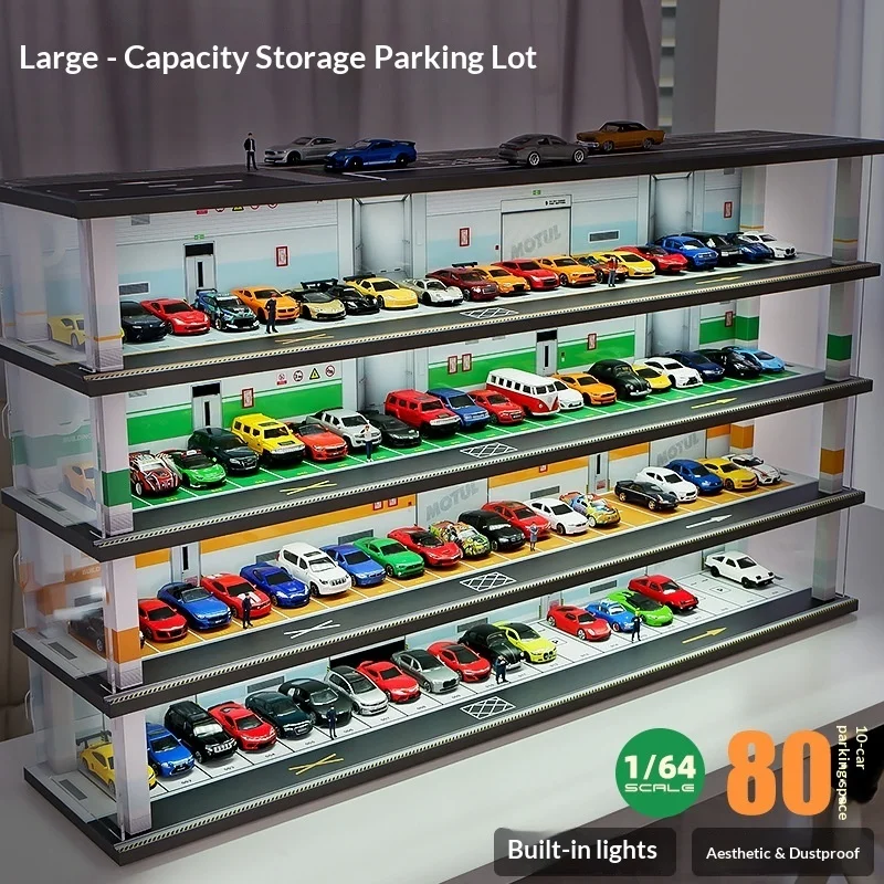 1:64 Scale Parking Garage Model with LED Lights – 80-Car Capacity Display & Storage Cabinet, Mega Large Diorama