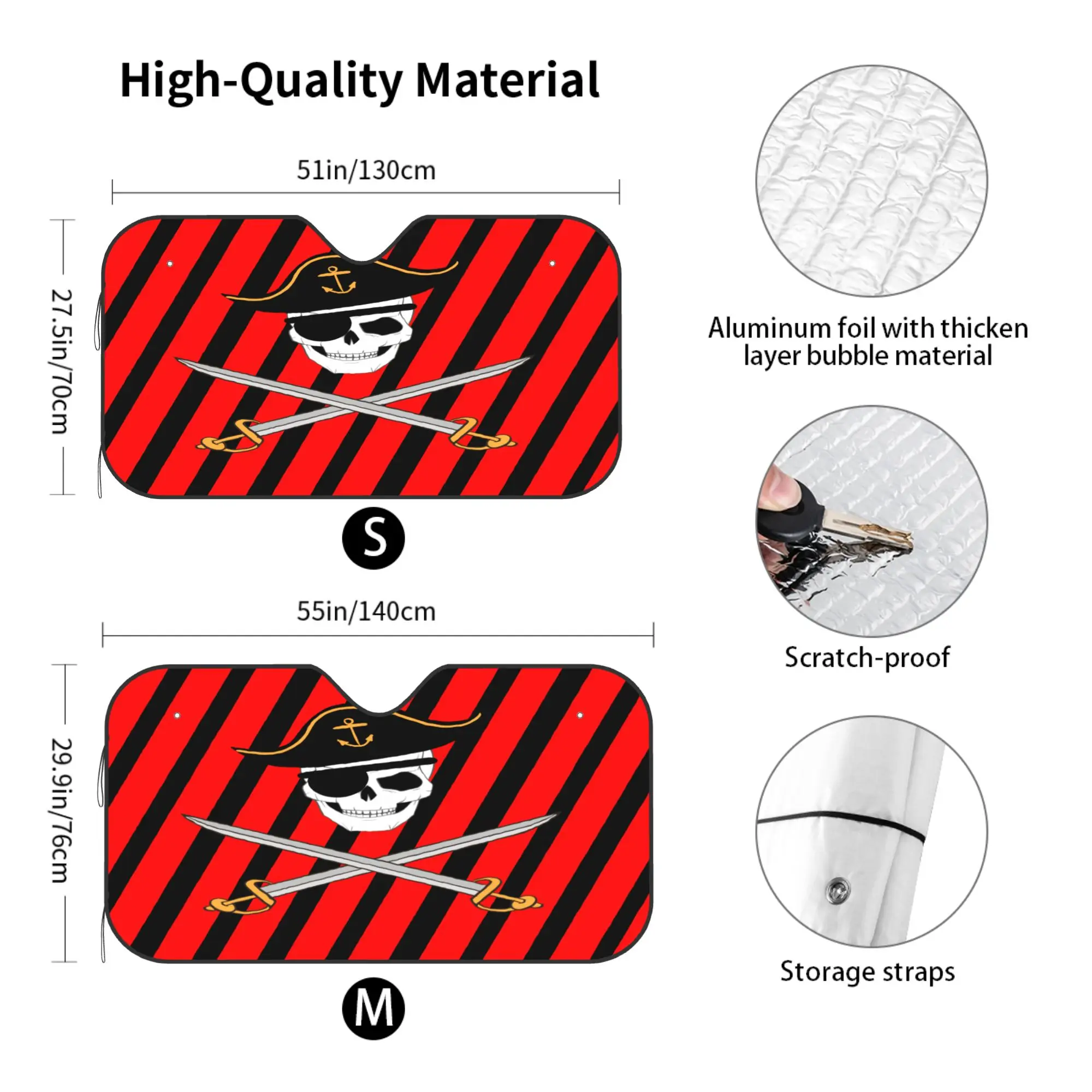Pirate Skull Car Windshield Sun Shade, Heat Insulator UV Reflector Protector, Foldable Automotive Sun Visor for Cool Car