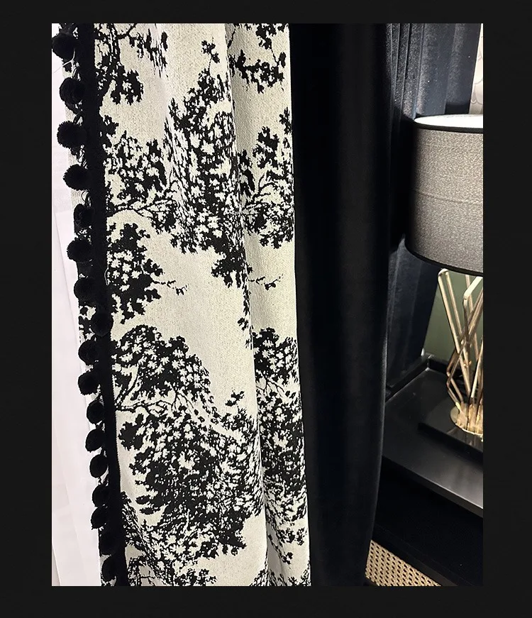 Französische Rechtschreibvorhänge aus schwarzem und weißem Samt für Wohnzimmer, Esszimmer, Schlafzimmer, Fenster, Balkon, amerikanische Jacquard-Chenille-Vorhänge – Detail 5