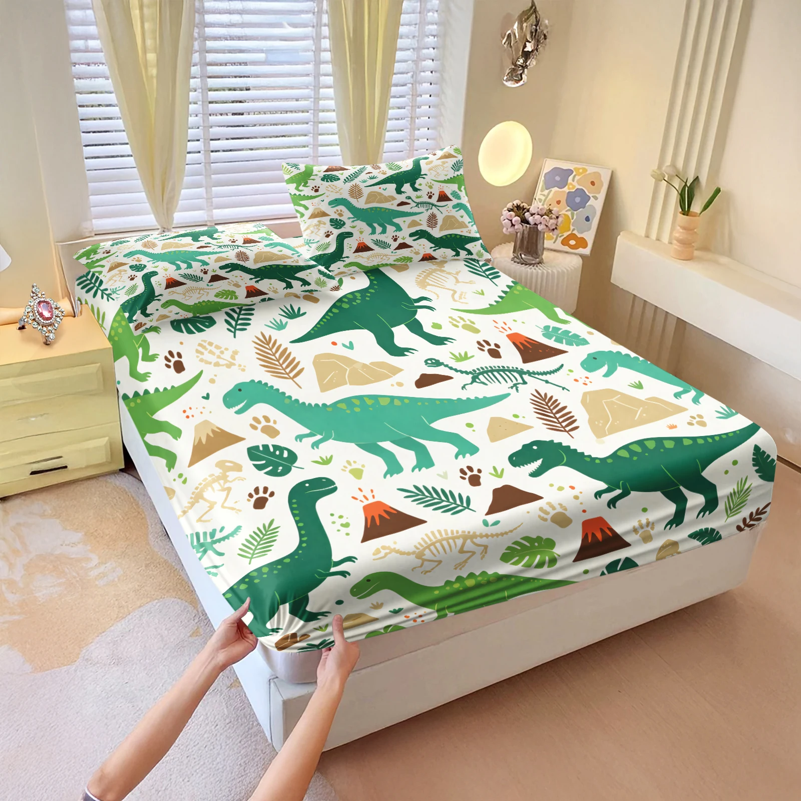 Cute Cartoon Dinosaur Fitted Sheet Set Green Jurassic Dino Volcano Fossil Footprint Print Elastic Deep Pocket Bed Fitted Sheet