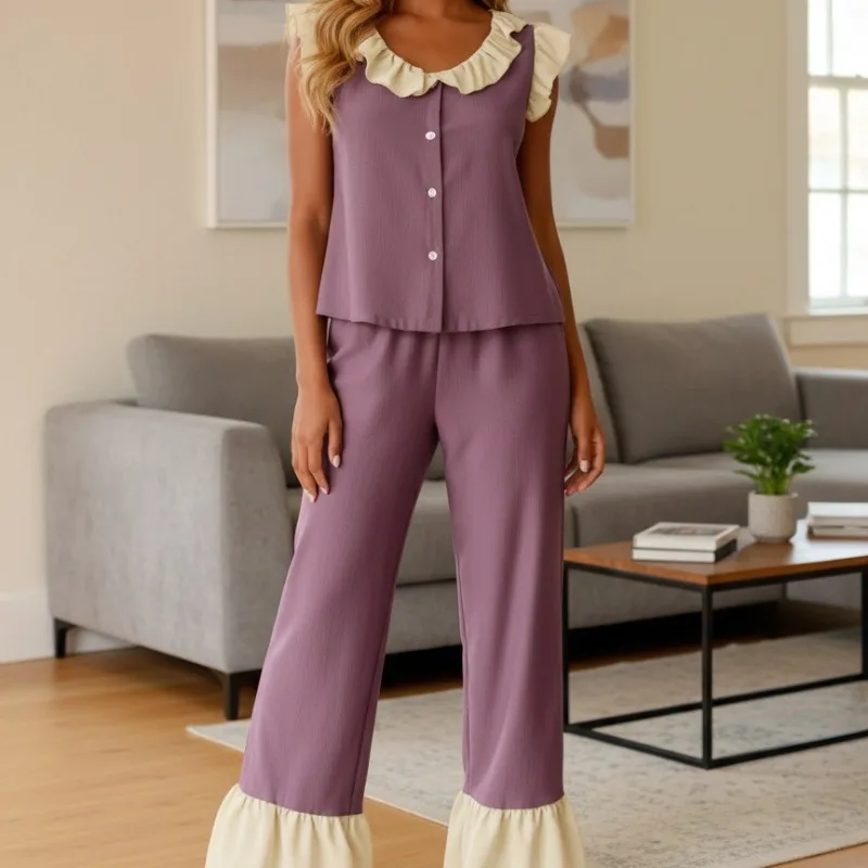 

Women's Two Piece Lounge Wear Set Ruffle Edge Design Vest Style Pajamas Trousers Popular Europe USA Sweet Cozy Short Sleeves