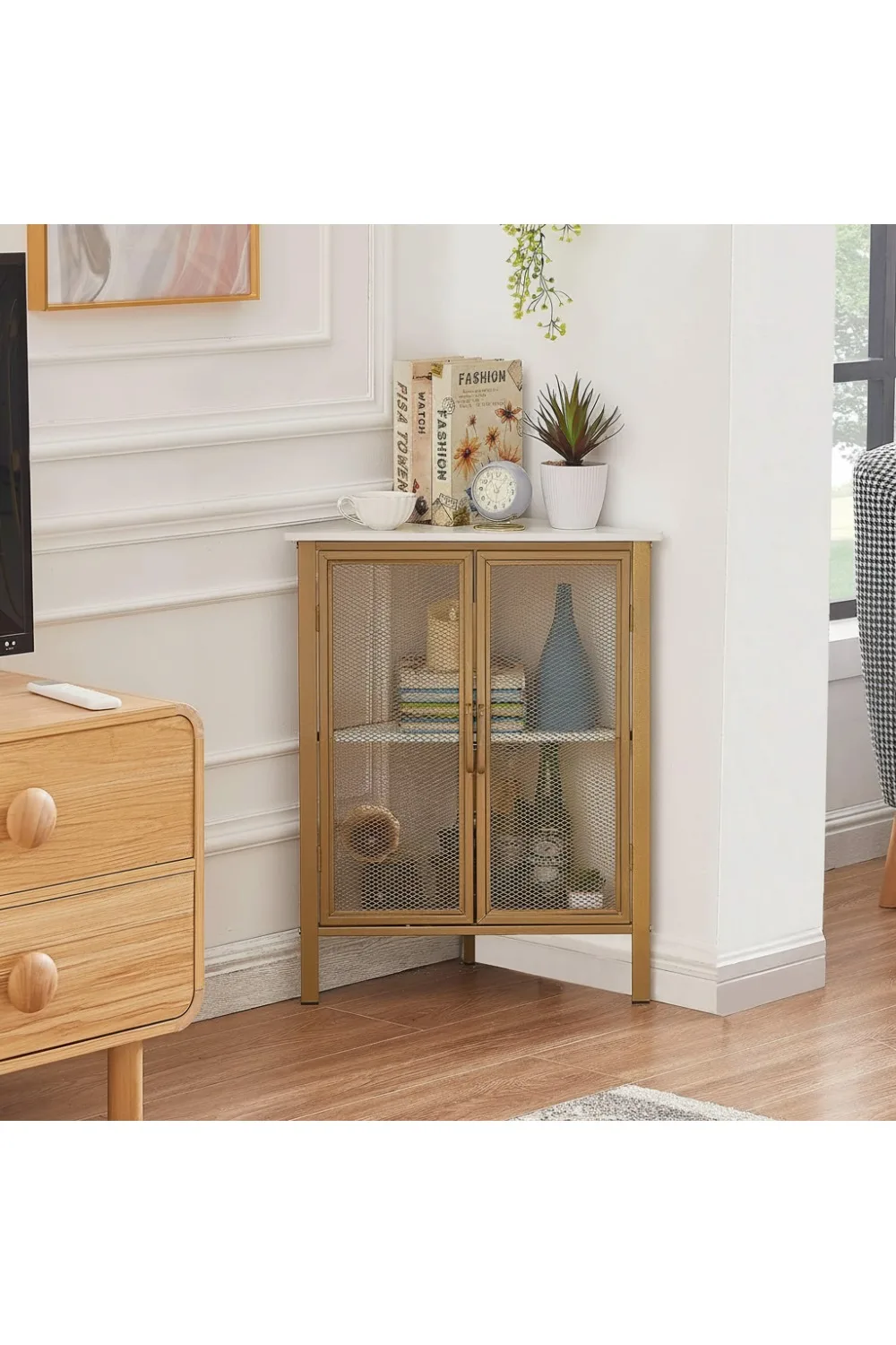 

3-Tier Corner Cabinet with Protection Door, Metal Frame Storage Shelf Organizer for Small Spaces, Living Room Kitchen Bathroom