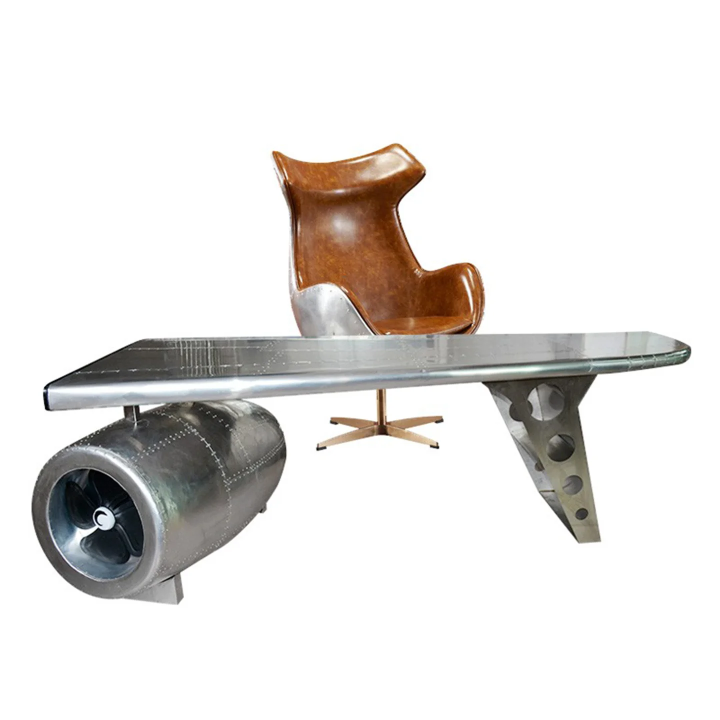 

American metal industrial style aluminum leather aircraft table boss table and chair combination creative domineering front