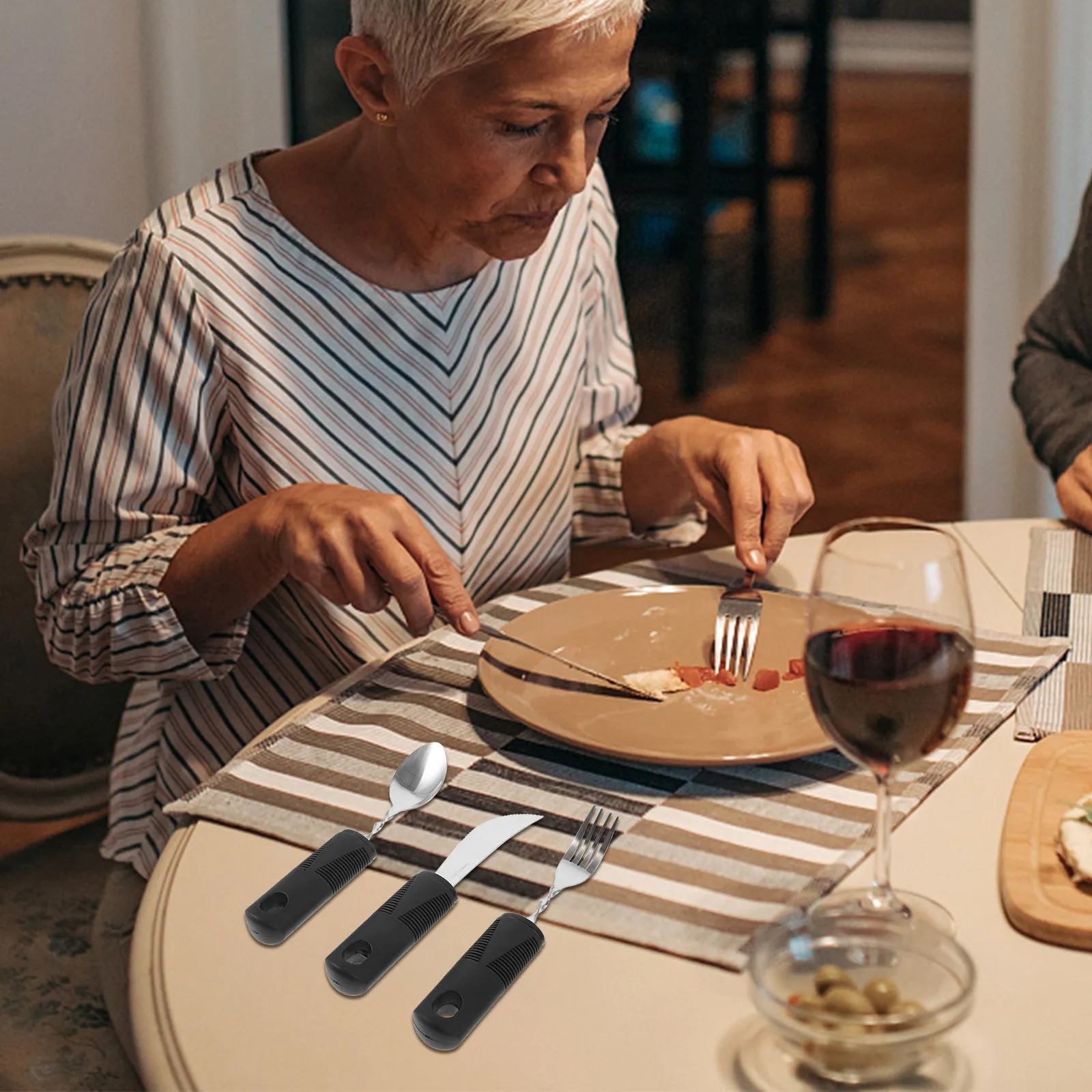 1Set Adaptive Tableware Set Stainless Steel Plastic Anti Skid Elderly Utensils Weighted for Hand Tremors Disabled Adult Meal
