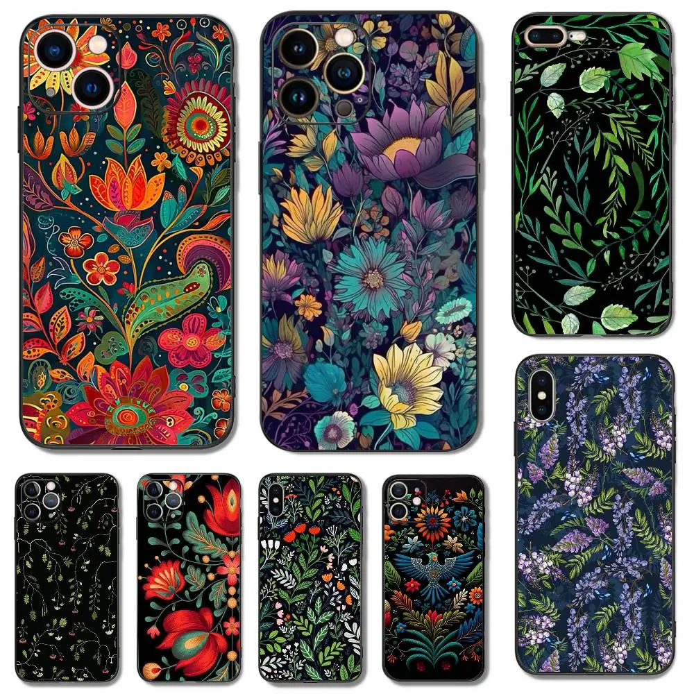 

S24Plus Leaves Plant Flower Phone Case For iPhone 16,15,14,13,12,11,Pro,X,XS,Max,XR,Plus,Mini Soft Silicone Black Shockproof TPU
