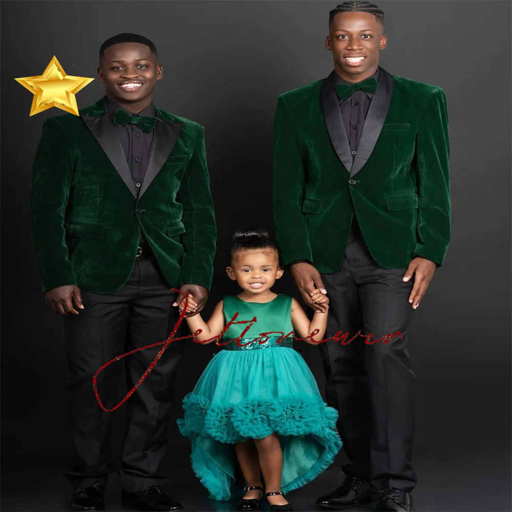 Dark Green Suit Boys Velvet Jacket and Pants 2-piece Set Wedding Kids Tuxedo Customized Clothes for 2-16 Years Old