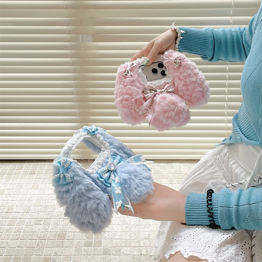 

Kawaii теплый пушистый плюшевый чехол для телефона с кроликом для iPhone 17 Pro 16 Pro Max 13 14 15, противоударные чехлы с милым пушистым кроликом