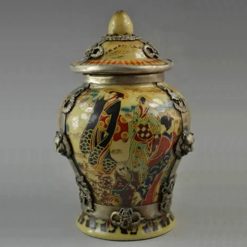 Elaborate Chinese Porcelain Drawing Dowager Copper Dragon Phoenix & Lion Storage Pot / Jar