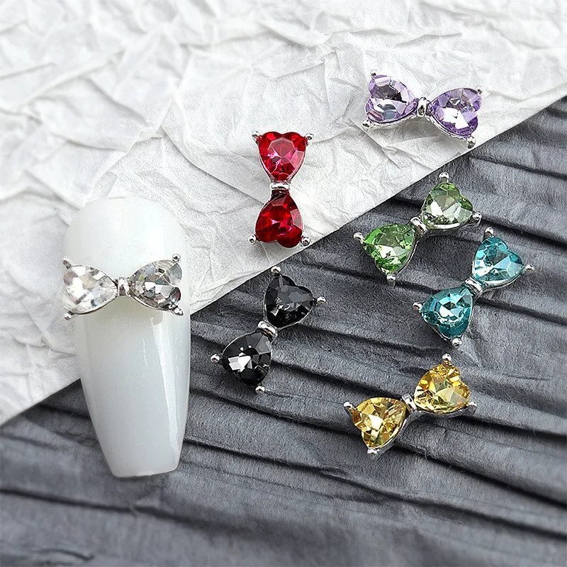 10PCS Full Rhinestone Bow Nail Art Charms Parts 3D Luxury Alloy Love Heart Bowknot Accessories For Nails Decoration Supplies 